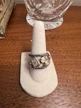 Two Tone Multi-Stone Twisted Silver and Gold Ring with CZ Stones - NWT Size 7
